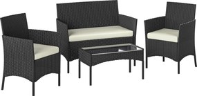 Outsunny Set Mobilier Grădină din Ratan Sintetic cu Canapea, Fotolii și Masă din Sticlă Securizată și Perne Negru și Crem | Aosom Romania