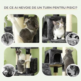 PawHut Albero Tiragraffi per Gatti con Due Cucce in Peluche e Sisal, Grigio, 50x50x170cm
