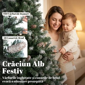 HOMCOM Brad de Crăciun Înzăpezit Înalt 180 cm cu 910 Ramuri, Brad Artificial de Interior cu Conuri Decorative, Bază Metalică Pliabilă, Verde | Aosom Romania