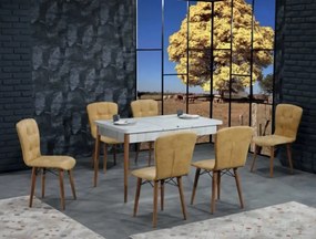 Set masa extensibila cu 6 scaune tapitate Homs cristal alb-mustar 170 x 80 cm