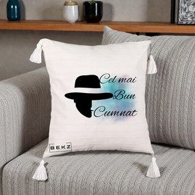 Cadou pentru Cumnat - Perna Personalizata Cel mai Bun Cumnat cu Silueta Palarie si Pete Teal-Roz, 40x40 cm, Bej cu Franjuri, Husa Detasabila, Perna Inclusa, BEKZ®