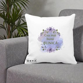 Cadou pentru Bunica - Perna Personalizata Cea Mai Buna Bunica Flori Mov Acuarela Auriu, 40x40 cm, Alba Mata, Husa Detasabila, Perna Inclusa, BEKZ®