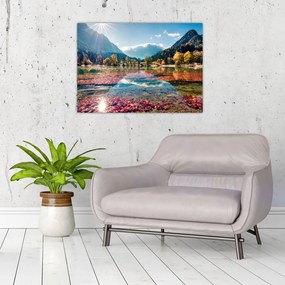 Tablou pe sticlă - Lacul Jasna, Gozd Martuljek, Alpii Iulieni, Slovenia (70x50 cm)