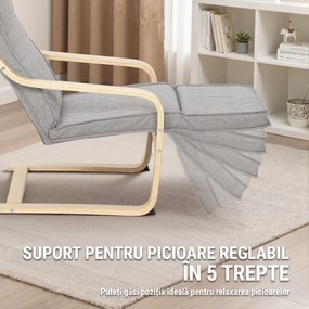HOMCOM Fotoliu Dormitor Lemn de Mesteacăn și Material Textil cu Suport pentru Picioare Reglabil, Gri Deschis | Aosom Romania