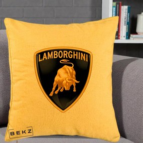 Perna Personalizata cu emblema Lamborghini, 40x40 cm, Galben, Husa Detasabila, Perna Inclusa, BEKZ®