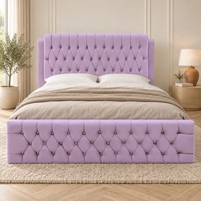 Pat tapițat Chesterfield din catifea Aveline Deluxe 160×200 cm, lila, cu ladă de depozitare