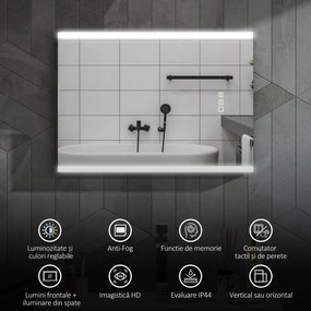 HOMCOM Oglindă LED 50x70 Antiaburire Touch IP44 | Aosom Romania