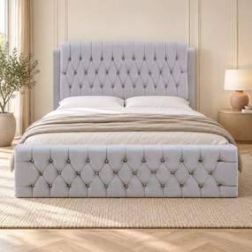 Pat tapițat Chesterfield din catifea Aveline Deluxe 180×200 cm, gri deschis, cu ladă de depozitare