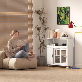 HOMCOM Dulap de Baie cu Roți, Raft Reglabil, Ușă Glisantă din Sticlă Călită, Alb | Aosom Romania