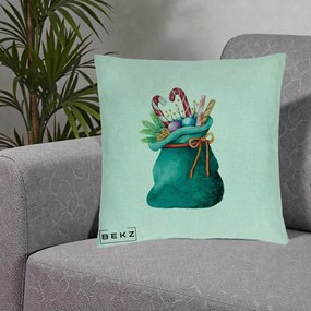 Perna Decorativa Saculet Cadouri Mos Craciun Acuarela Verde, 40x40 cm, Verde Menta, Husa Detasabila, Perna Inclusa, BEKZ®