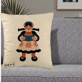 Perna Personalizata Fetita cu Carte Ilustratie Folk, 40x40 cm, Bej, Husa Detasabila, Perna Inclusa, BEKZ®