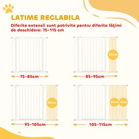 PawHut Poartă de Siguranță pentru Câini din Oțel și ABS, Poartă Extensibilă pentru Câini pentru Scări și Uși, 75-115 cm, Alb
