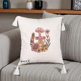 Perna Decorativa Ciuperca Pisica Boho, 40x40 cm, Bej cu Franjuri, Husa Detasabila, Perna Inclusa, BEKZ®