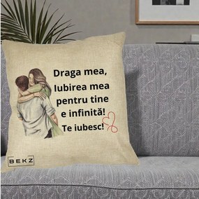 Cadou pentru Iubita - Perna Personalizata Draga Mea Iubirea Mea Infinita Te Iubesc cu Cuplu Acuarela, 40x40 cm, Crem, Husa Detasabila, Perna Inclusa, BEKZ®
