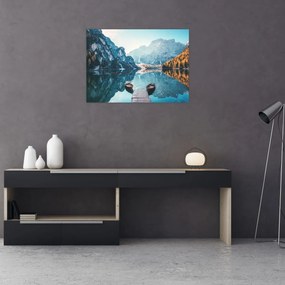 Tablou pe sticlă - Bărci pe Lacul Braies (70x50 cm)