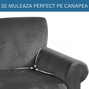 Set Huse Elastice din Catifea pentru Canapea 3 Locuri + 2 Fotolii, cu Brate, Gri, HCCJS-02