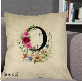 Cadou Personalizat - Perna Personalizata Monogram Litera O cu Flori Acuarela, 40x40 cm, Crem, Husa Detasabila, Perna Inclusa, BEKZ®