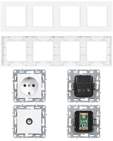 Priză Nova IV cu trei prize împământate cu priză TV și cadru alb