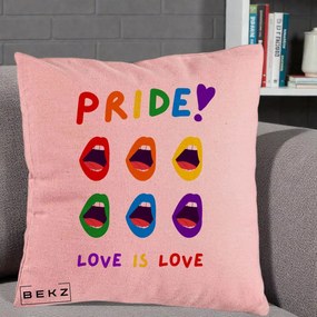 Perna Personalizata Pride Love is Love Curcubeu, 40x40 cm, Roz, Husa Detasabila, Perna Inclusa, BEKZ®