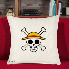 Perna Personalizata One Piece Jolly Roger Straw Hat Pirates, 40x40 cm, Crem Reliefat, Husa Detasabila, Perna Inclusa, BEKZ®