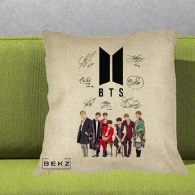 Perna Personalizata K-pop BTS Semnaturi Foto, 40x40 cm, Crem, Husa Detasabila, Perna Inclusa, BEKZ®