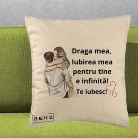 Cadou pentru Iubita - Perna Personalizata Draga Mea Iubirea Mea Infinita Te Iubesc cu Cuplu Acuarela, 40x40 cm, Bej, Husa Detasabila, Perna Inclusa, BEKZ®
