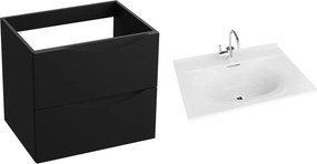 Set dulap baza suspendat Rune Asger 2 sertare 60 cm negru mat si lavoar alb lucios