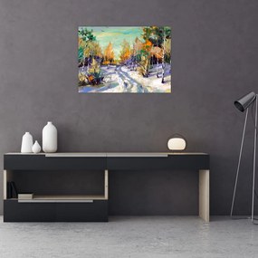 Tablou pe sticlă - Drum înzăpezit prin pădure (70x50 cm)