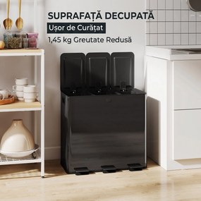 HOMCOM Coș de Gunoi cu 3 Secțiuni de 20L cu Pedală și 2 Capace cu Închidere Silențioasă, Coș de Gunoi din Oțel Inoxidabil și PP, 61.9x36.6x56.7 cm, Negru | Aosom Romania