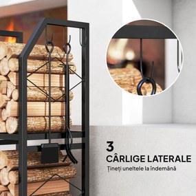 Outsunny Suport de Lemne din Oțel pe 2 Nivele cu 3 Cârlige Laterale 41x30x81cm Negru | Aosom Romania