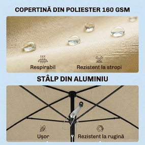 Outsunny Umbrelă pentru Grădină cu Înclinare Reglabilă și Stâlp din Aluminiu, 198x130x245 cm, Bej | Aosom Romania