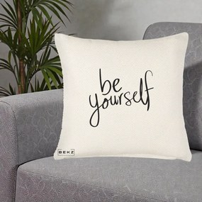 Perna Decorativa Be Yourself Caligrafie Neagra, 40x40 cm, Crem Reliefat, Husa Detasabila, Perna Inclusa, BEKZ®