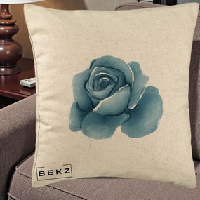 Perna Decorativa Trandafir Albastru Acuarela, 40x40 cm, Bej, Husa Detasabila, Perna Inclusa, BEKZ®