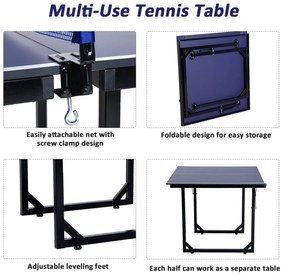 Masa de Ping Pong Pliabila, Multifuncitonala, cu Plasa din Otel si MDF, 182x91x76cm - Albastru HOMCOM | Aosom Romania