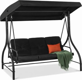 Leagan de grădină, șezlong tip pat, 3 locuri, copertina reglabila, cadru otel, 194x120x173 cm, Negru