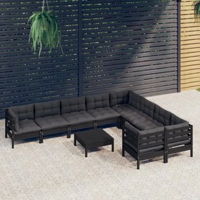 3096993 vidaXL Set mobilier grădină cu perne, 10 piese, negru, lemn de pin