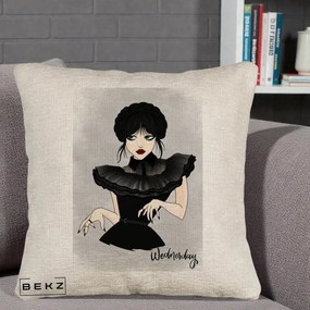 Perna Personalizata Wednesday Addams Portret Gotic, 40x40 cm, Bej Canapea, Husa Detasabila, Perna Inclusa, BEKZ®