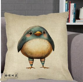 Perna Decorativa Pasare Teal-Bej cu Sosete Curcubeu, 40x40 cm, Crem, Husa Detasabila, Perna Inclusa, BEKZ®