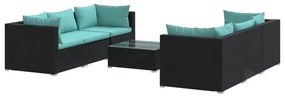 Set mobilier de gradina cu perne, 7 piese, negru, poliratan Negru si albastru, 4x colt + 2x mijloc + masa, 1
