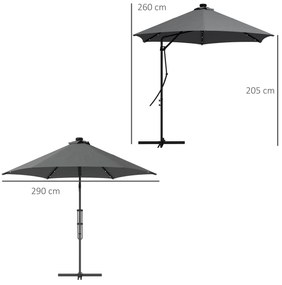 Outsunny Umbrelă Excentrică de 3 m cu Lumini LED cu Manivelă și Bază în Cruce pentru Exterior Patio Terasă Gri Închis | Aosom Romania