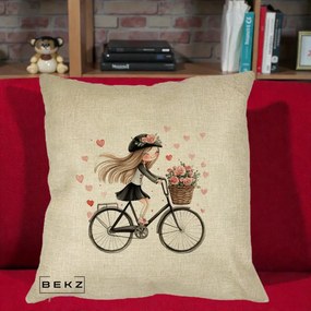 Perna Decorativa Fetita Kawaii pe Bicicleta cu Trandafiri si Inimioare, 40x40 cm, Crem, Husa Detasabila, Perna Inclusa, BEKZ®