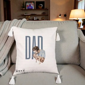 Cadou pentru Tata - Perna Personalizata DAD Tata si Nou-Nascut, 40x40 cm, Bej cu Franjuri, Husa Detasabila, Perna Inclusa, BEKZ®