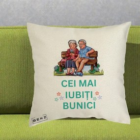Cadou pentru Bunici - Perna Personalizata Cei Mai Iubiti Bunici Cuplu pe Banca Ilustratie, 40x40 cm, Ecru, Husa Detasabila, Perna Inclusa, BEKZ®