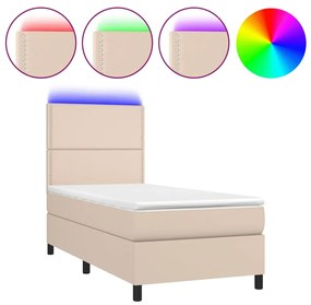 3135860 vidaXL Pat cu arcuri, saltea și LED, cappuccino, 90x190 cm, piele eco