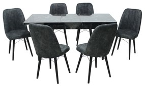 Set masă extensibilă Aris Negru Marmorat cu 6 scaune Atena Gri Închis