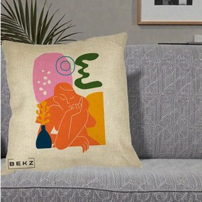 Perna Decorativa Femeie Meditand Abstract, 40x40 cm, Crem, Husa Detasabila, Perna Inclusa, BEKZ®