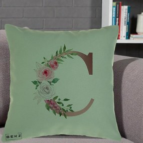 Cadou Personalizat - Perna Personalizata Monograma Rose Gold Litera C, 40x40 cm, Verde, Husa Detasabila, Perna Inclusa, BEKZ®