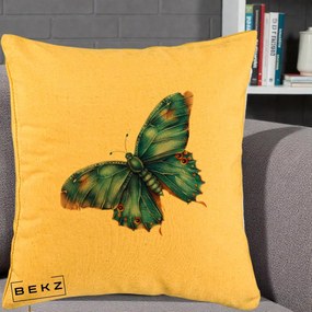 Perna Decorativa Fluture Albastru Satin cu Pete Aurii, 40x40 cm, Galben, Husa Detasabila, Perna Inclusa, BEKZ®