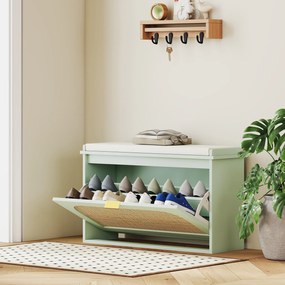 HOMCOM Banc pentru pantofi, banc de depozitare, șezut căptușit, sertar rabatabil, ușă din ratan, 80 x 26 x 47,5 cm, verde | Aosom Romania