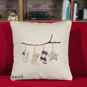 Perna Decorativa Ciorapi de Craciun pe Ramura, 40x40 cm, Bej Canapea, Husa Detasabila, Perna Inclusa, BEKZ®